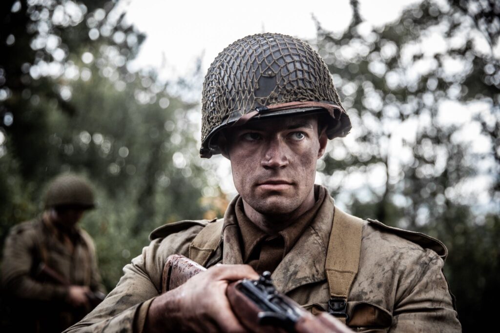 American soldier clearing German bunkers on Crucifix Hill. (Dramatic Recreation) Nathan Plumite