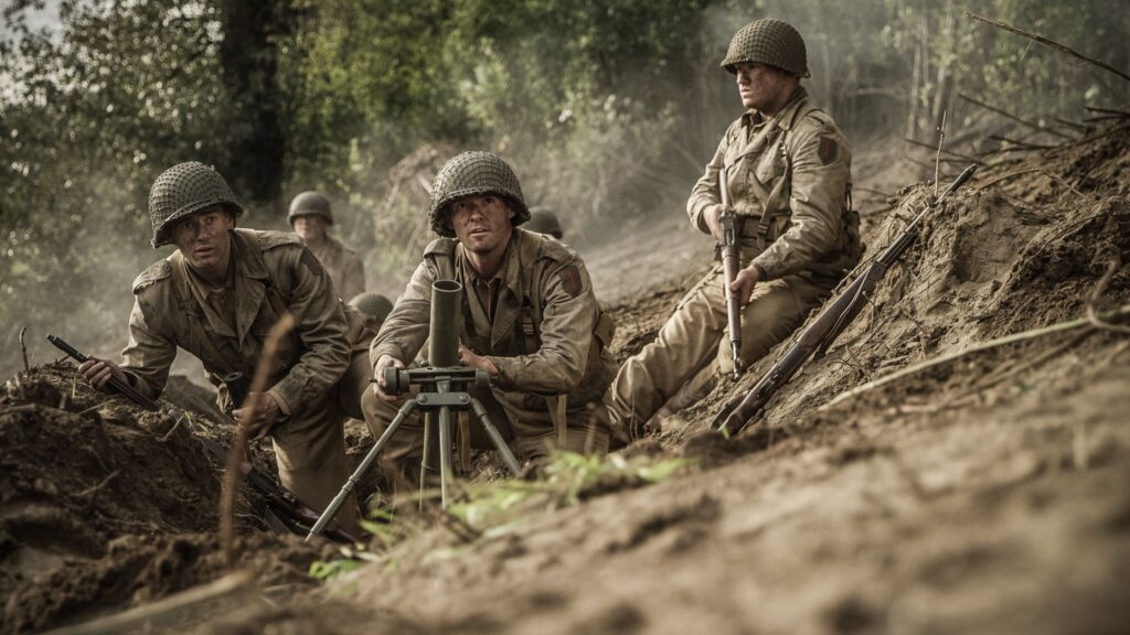 American Mortar Team supprts attack against Crucifix Hill. (Dramatic Recreation) L-R: Devin Kotlowski, Roman Anthony, William Grossman, Kayler Fagen