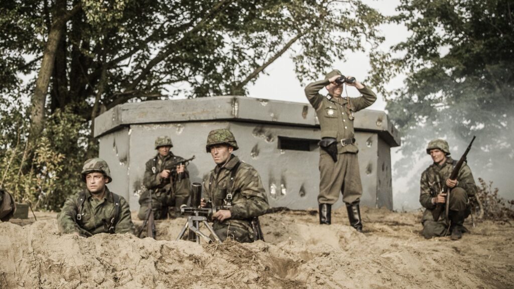 German units defend a bunker on Crucifix Hill. (Dramatic Recreation) L-R: David Bell, TJ Matthews, Etienne Cole, Cody Childs, Kaden Conners