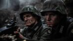 German Soldiers operate a machine gun from an uphill vantage point on Vosges Mountain. (Dramatic Recreation) L-R: Alessandro Pekin, Mitch Nel