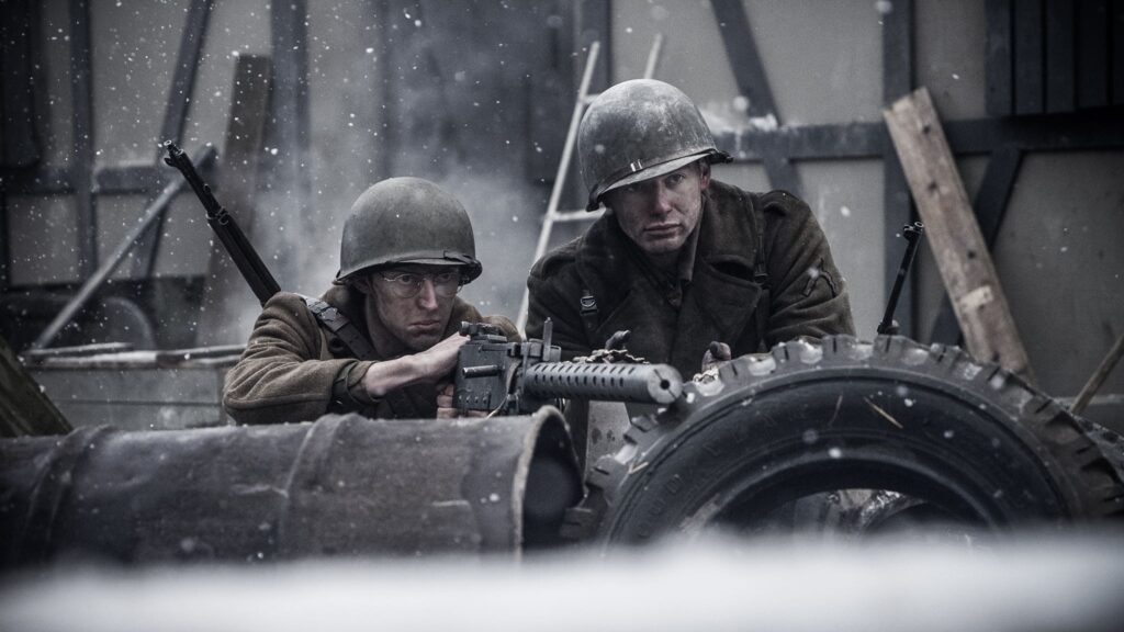 Private First Class Vito Bertoldo and his Assistant defend their position in Hatten, France. (Dramatic Recreation). Devin Kotlowsk and Boris Bilic