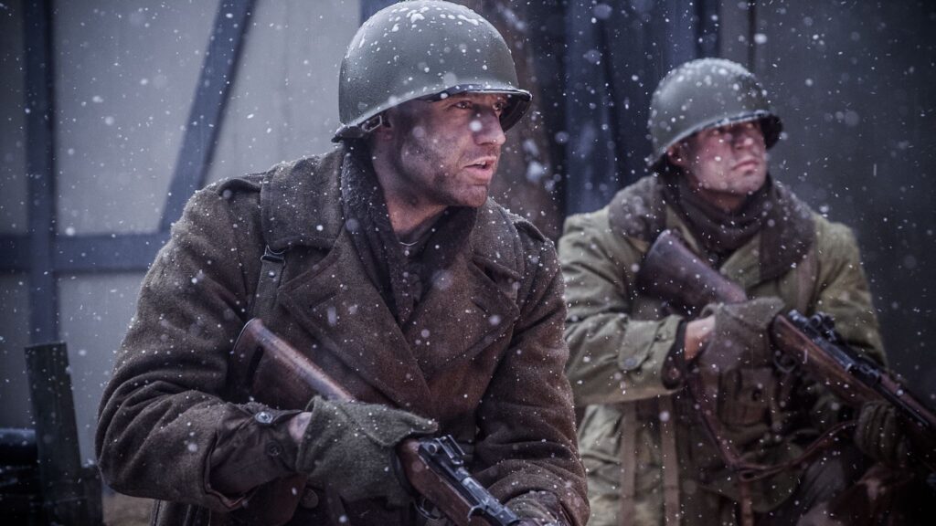 242nd Infantry Regiment Soldiers prepare their defences in Hatten, France. (Dramatic Recreation). (Left to Right) Gavin Marck and Elliot Wesley.