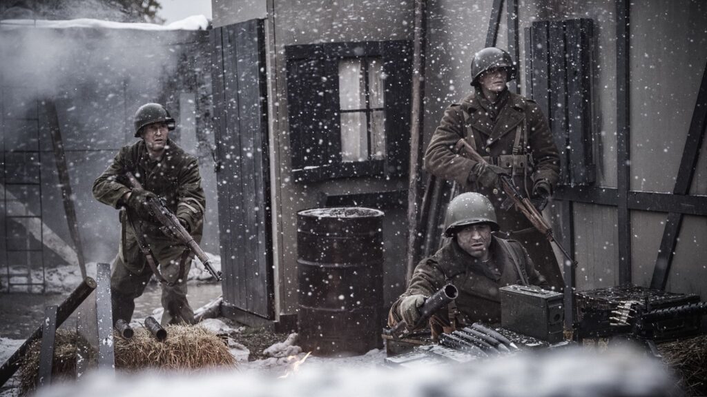 242nd Infantry Regiment Soldiers prepare their defences in Hatten, France. (Dramatic Recreation). (Left to Right). Nathan Plumite, Gavin Marck and Cole Breckell.