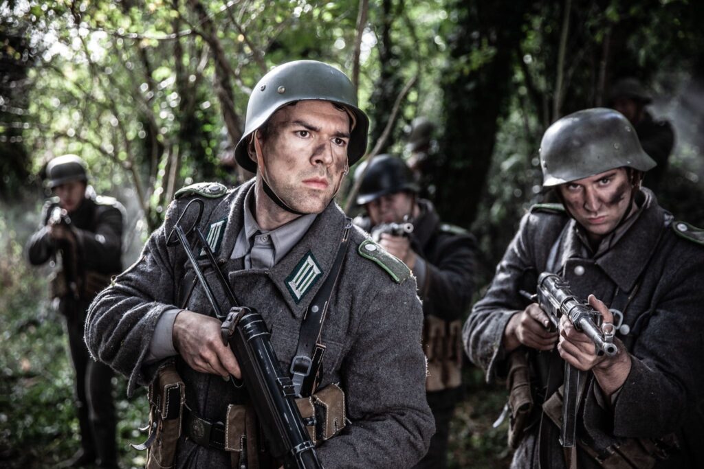 German Gebirgsjagers prepare to attack a position held by French resistance fighters on the Vercors Plateau. (Dramatic Recreation) (L-R: Ryan Russel, Jonathan Woodhall)