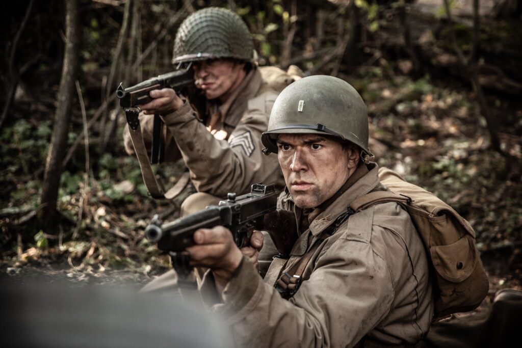 Lieutenant Harris Neil defends against a Germans counter attack. (Dramatic Recreation) (L-R: Kaden Connors, Jonathan Woodhall)