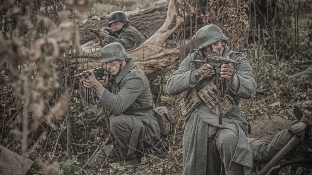 German soldiers dig in to fight off an American attack in Hurtgen Forest. (Dramatic Recreation) (L-R: Jarret Aikman & Gavin Marck)